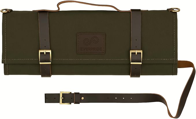 EVERPRIDE Stunning Waxed Canvas Roll Bag in Rich Dark Green w Genuine Leather Trim. Handsome Professional Chef Knife Roll Bag with upto 14" Knives and Storage Compartments A Super Gift