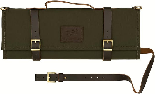 EVERPRIDE Stunning Waxed Canvas Roll Bag in Rich Dark Green w Genuine Leather Trim. Handsome Professional Chef Knife Roll Bag with upto 14" Knives and Storage Compartments A Super Gift