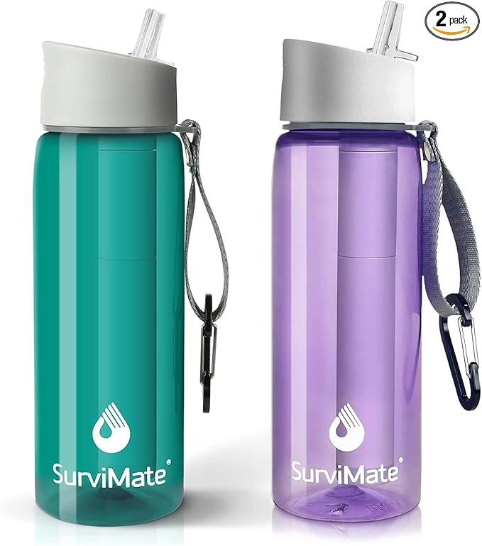 SurviMate Purified Water Bottle for Camping, Hiking, Backpacking and Travel, BPA Free with 5-Stage Intergrated Filter Straw