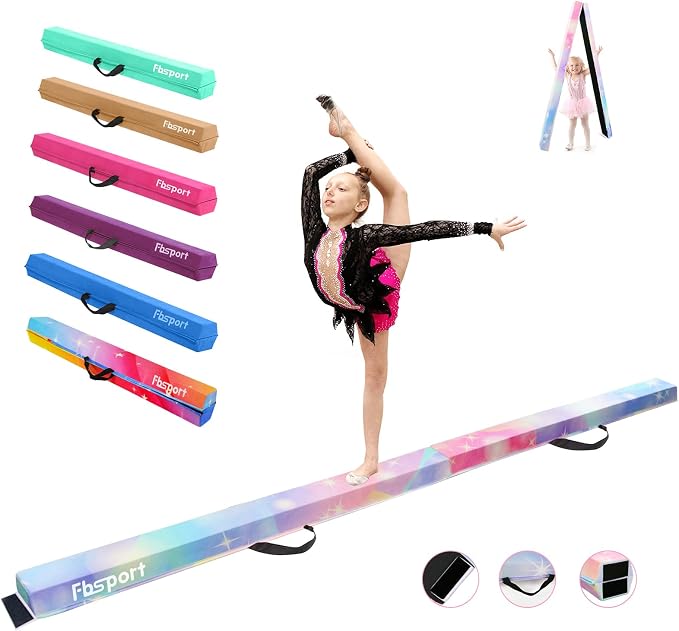 FBSPORT 8ft/9ft/9.5ft Balance Beam Folding Gymnastics Beam Foam Balance Floor Beam Equipment for Kids Adults, Suede Cover Anti Slip Base with Carry Bag for Home School Gym Training