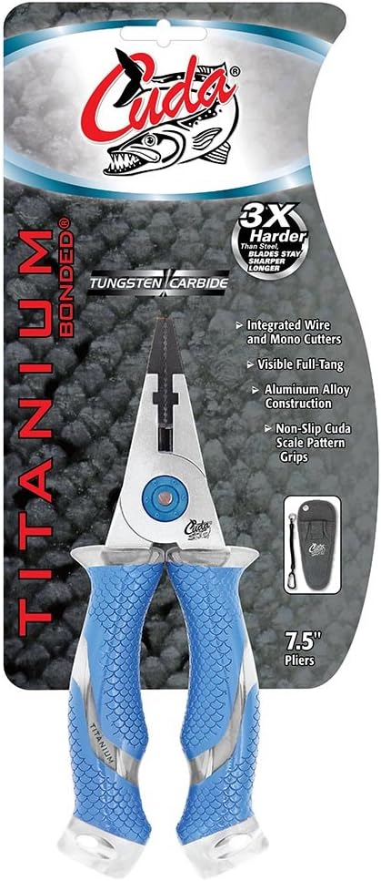CUDA 7.5" Titanium Bonded Pliers Durable Fishing Braid, Mono & Fluorocarbon Cutter Saltwater & Freshwater Use Heavy Duty Nylon Sheath & Lanyard Included