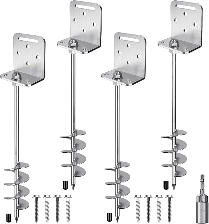 Insaga 18''/24''/30'' Ground Anchors Screw in Earth Anchor Solid Steel with L Bracket for Trampoline Mobile Home Swing Set Shed Carport Tent Stakes, Wider Helix Blade & Chrome Plated Finish, 2/4/6Pcs