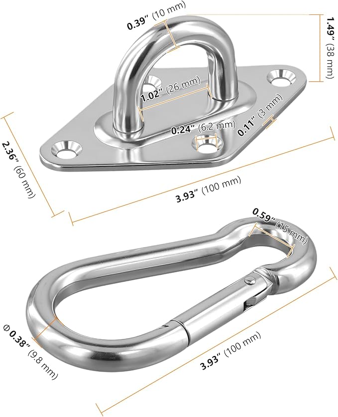 SEUNMUK Heavy Duty Hammock Hooks Hanging Kit, 4 PCS M10 Stainless Steel Pad Eye Hooks and 4 PCS M10 Snap Hooks with Screws for Swing Chairs Hanger, Wall or Ceiling Mount