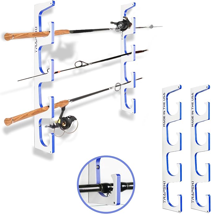 TRAPSKI Made in the USA Premium Fishing Rod/Pole Holder Rack Organizer | Wall or Boat Mounting Fishing Rod Rack | Marine Grade HDPE Plastic | Holder for up to 4 Rods | Stackable