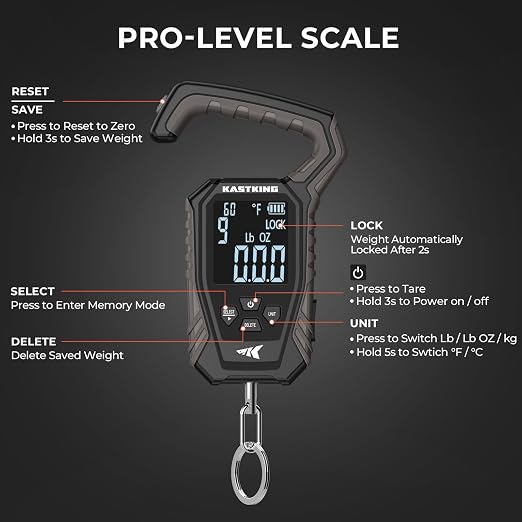 KastKing Weighmaster Mechanical-Digital Fishing Scale with Lip Gripper, 120 lb Capacity, 2.5" Backlit Display, High-Precision Sensor, 9 Weight Memory, Temperature Detection, IPX6 Waterproof