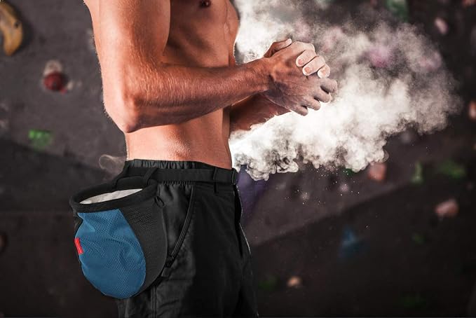 Rhino Valley Climbing Chalk Bag, No Leak Drawstring Chalk Bag with Adjustable Belt, Carabiner Clip and Zippered Pockets Chalk Bag for Rock Climbing, Cross Fit, Weight Lifting & More