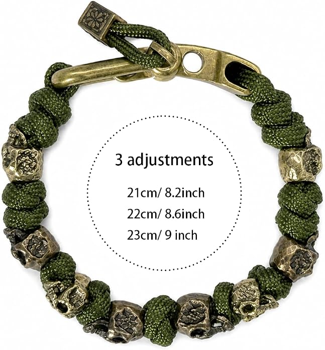 Skull Paracord Bracelet Black Green Paracord Bracelet Adjustable Gothic Design Bracelets with Metal Skull Charms U-Shackle Closure