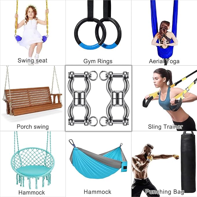 SELEWARE Silent Bearing Swing Swivel, 360° Rotational Device Hanging Accessory with Removeable Buckle for Tree Swing, Hammock Chair, Climbing Rope, Yoga, Kids Swing Swivel 1202LB Capacity