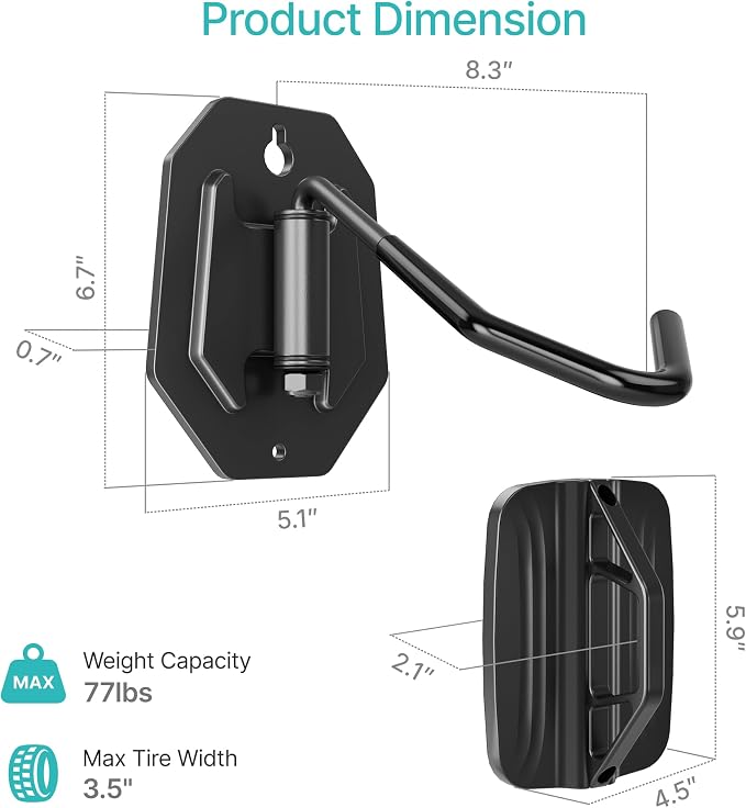 PEGZONE Swivel Bike Wall Mount, Heavy Duty Vertical Bike Rack with Fixed Hooks for Garage Storage, Wall Mounted Bicycle Hangers Holds up to 77 lbs for Indoor, 2 Pack