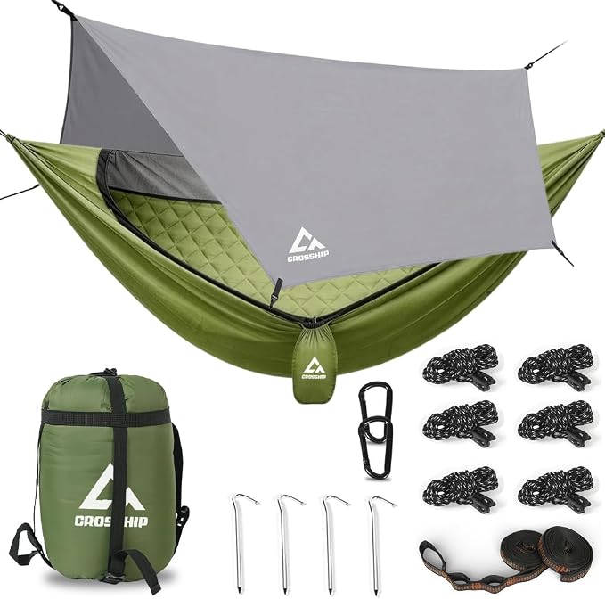 Camping Hammock with Mosquito Net with Underquilt & Rain Fly Tarp - Built-in Quilt for Lightweight Soft Warm 4 Seasons, 2 Person Portable Backpacking Hammock Set for Hiking, Travel, Backyard