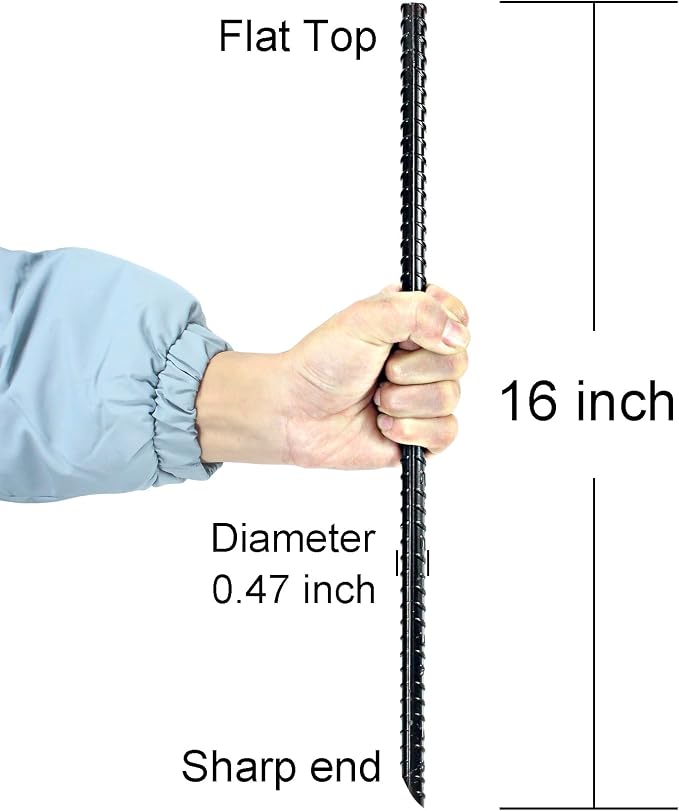 16 Inch Ground Rebar Stakes Heavy Duty Steel Ground Anchors | Straight Metal Stakes with Chisel Point end for Outdoor, Black Powder Coated