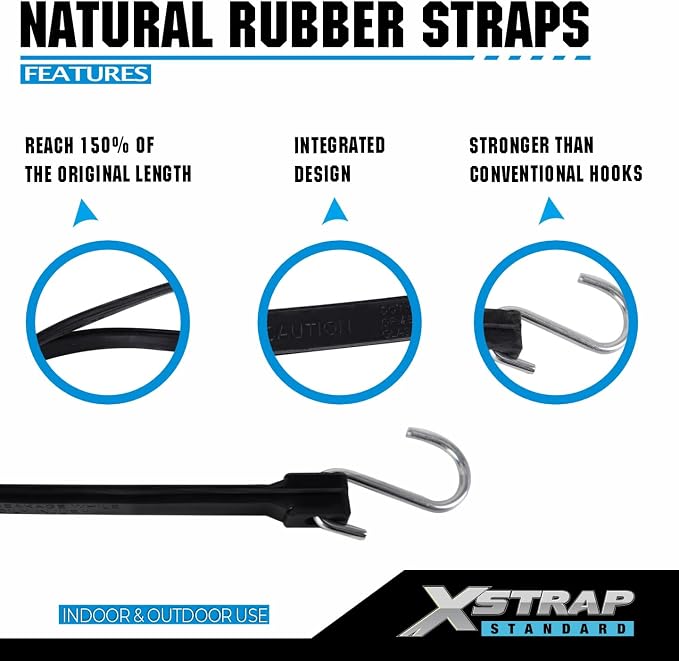 XSTRAP STANDARD 20 Pack Multiple Size Natural Rubber Tarp Bungee Straps 100% EPDM Tie Down Cords with S Hooks Heavy Duty Ideal for Securing Tarps