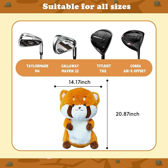 Cute Red Panda Golf Headcover, Animals Plush Golf Club Head Covers, Small Size Fits Hybird and Irons, Large Size Fits Standard 460cc Driver Head