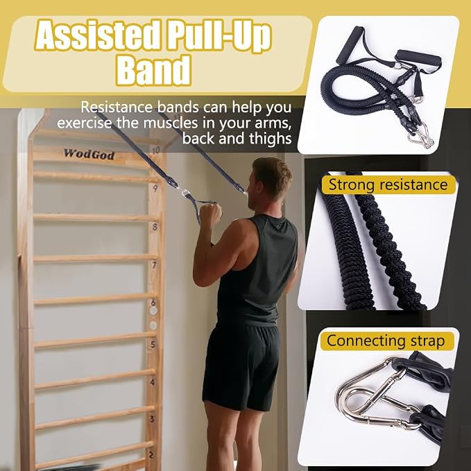 Wood Swedish Ladder with 11 Strategic Rods,Withstands up to 330 lbs,Stall Bar,Include Exercise Straps+Pull-Up Resistance Band+Pull-Up Bar,31.5”*86.6”,Wall Mounted,Stretching and Various Exercises,Indoor Home School Gym Fitness