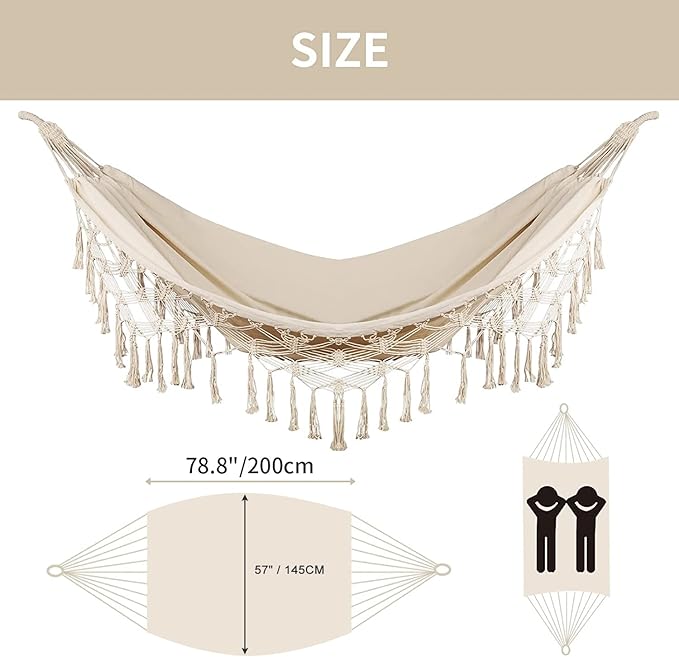 Bellzacasa Double Hammock, Heavy Duty 500 lb Load Capacity Tassels and Fishtail Knitting Portable Camping Hammocks with Mounting Straps for Outdoor Camping Patio Balcony Beige