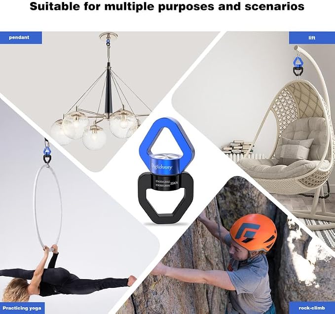 2 Pack Swing Swivel, 35KN Aluminium Alloy Swivel Hook for Swing, Swing Spinner for Children's Swing,Aerial Yoga,Web Tree Swing,Hanging Hammock Indoor Outdoor(Black-Blue with 4 Carabiners)
