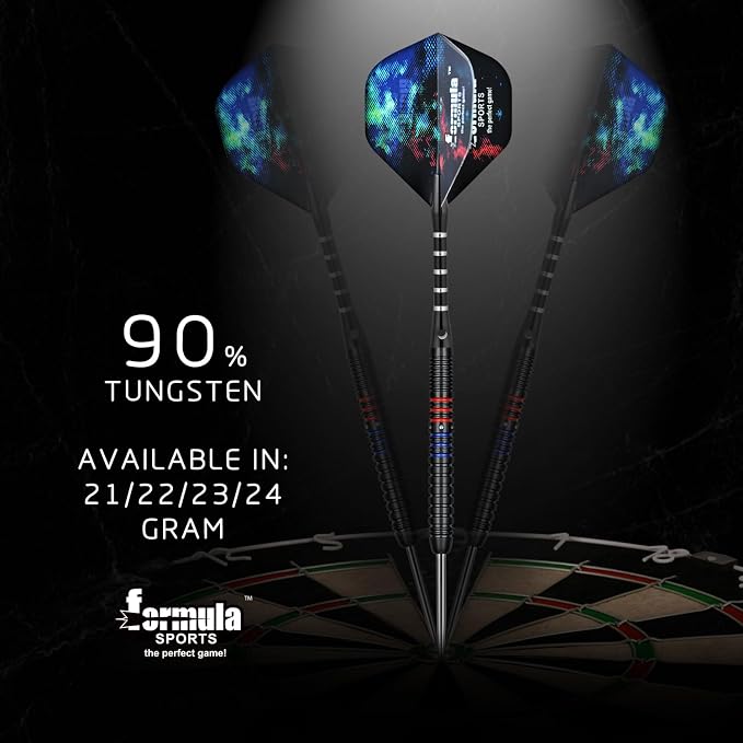 Formula Sports 90% Tungsten Darts Metal Tip Set - Professional Steel Tip Darts Set 21g/22g/23g/24g, with Aluminum Shafts, Tungsten Barrels, Dart Sharpener, Extra Flights