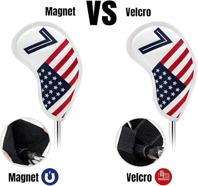 Magnetic Golf Iron Covers Premium Leather Iron and Wedge Golf Club Head Covers - Set of 10 Fits Most Clubs USA American Flag Head Cover Set Headcovers for Irons