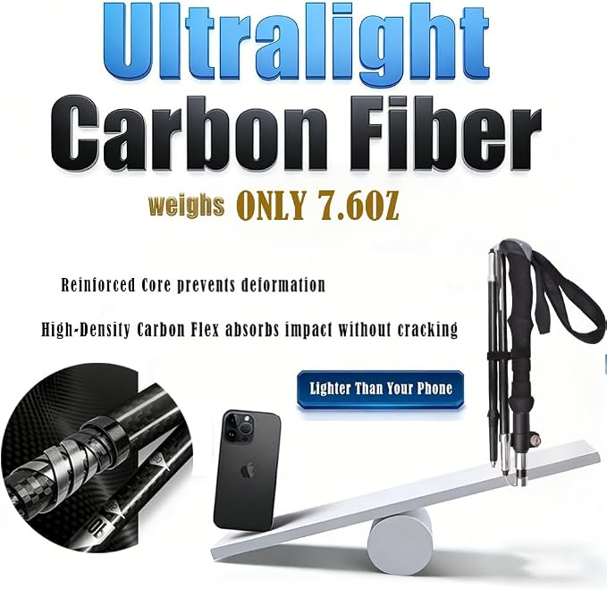 Ultralight 7.6oz 100% Carbon Fiber Trekking Poles, 2-Pack Collapsible Anti-Shock Hiking Poles with Tungsten Carbide Tips & EVA Foam Grip, Compact for Backpacking, Camping, Mountaineering