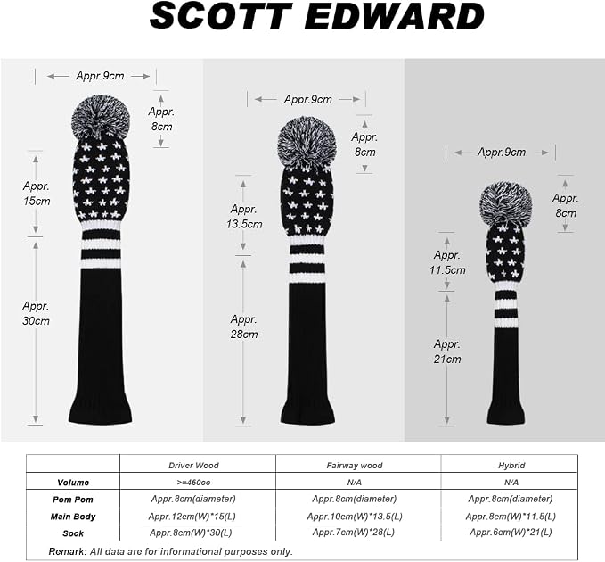 Scott Edward Knit Golf Club Cover for Woods and Driver Set of 5 Head Covers Protect Driver Wood(460cc)* 1 Fairway Wood*2 and Hybrid/UT*2 with Rotating Club Number Tags