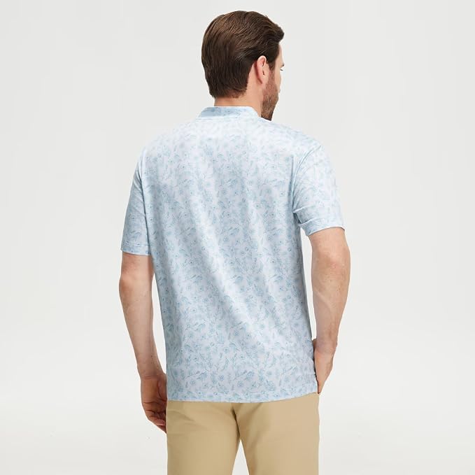 M MAELREG Golf Shirts for Men Collarless Performance Dry Fit Stretch Henley Casual Printed Mens Polo Shirts Short Sleeve
