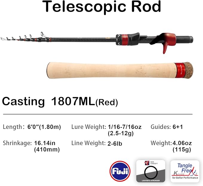 PURELURE Travel Telescopic Fishing Rods, Collapsible Fishing Pole 6ft/7ft | 24+30 Ton Carbon Fiber Spinning Casting Rod, FUJI New O-Ring, Detachable Cork Handle, Multi-Action Guide Ring System