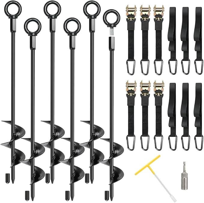 Trampoline Anchors, 6 Pack 18" RV Awning Tie Down Kit with6 Ratchet Straps, Heavy Duty Screw-in Stakes for Trampolines, RV Awnings & Swing Sets