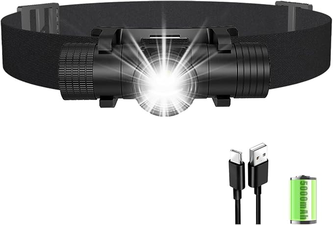 Headlamp Rechargeable 5000mAh Hard Hat Light,2700LM Forehead LED Flashlight Lightweight,Adjustable Zoom, IPX4 Waterproof for Camping, Running, Work, Hiking, Fishing