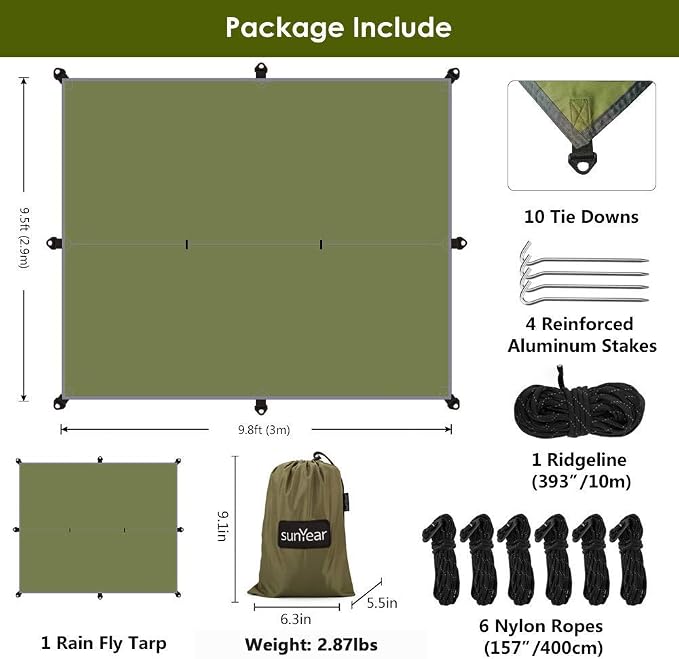 Sunyear Double Camping Hammock with Net & Sunyear Hammock Rain Fly Tent Tarp Provides Effective Protection Against Rain