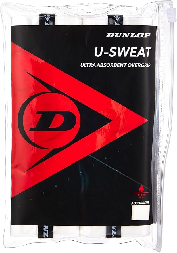 Dunlop Sports U-Sweat Tennis/Squash/Badminton/Padel OVERGRIP (3-Pack, 12-Pack, 30-Pack Roll) (Black & White Colors) (Super Absorbent, Moisture Wicking Construction, Comfortable, Cushioned Surface)