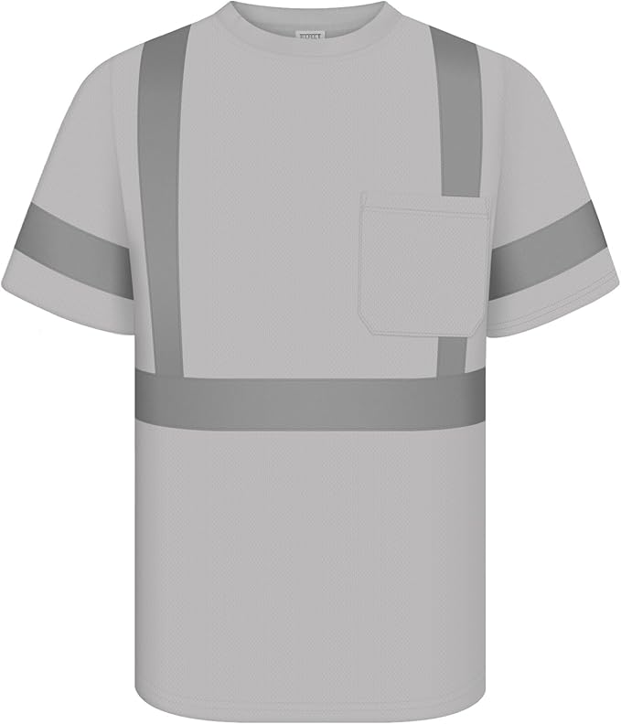 TCCFCCT Hi Vis Class 2 High Visibility Shirt for Men with Pocket, Short Sleeve Construction Work with Reflective Strips, Durable, Breathable - DC-Light Gray XXL