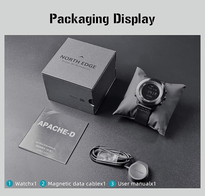 NORTH EDGE Apache-D Freediving Watch for Men, 100M Water Resistant Digital Outdoor Watch with 50M Dive Mode, Compass, Altimeter, Barometer, Thermometer, Pedometer, Rechargeable Hiking Watch