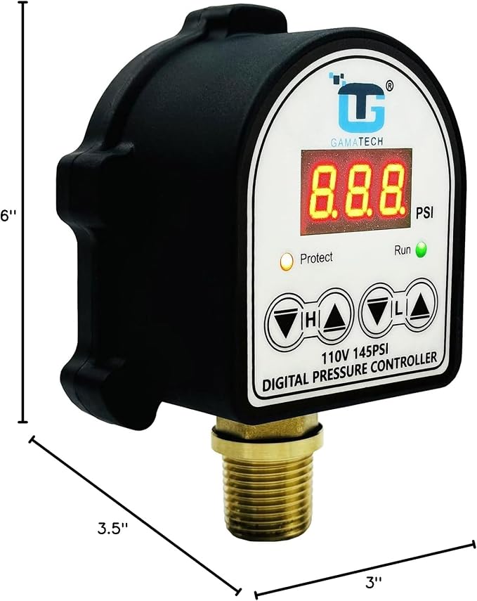 GamaTech 110V 145PSI Digital Adjustable Pressure Switch Controller for Water Pump and Air Pump, 1/2" Male NPT