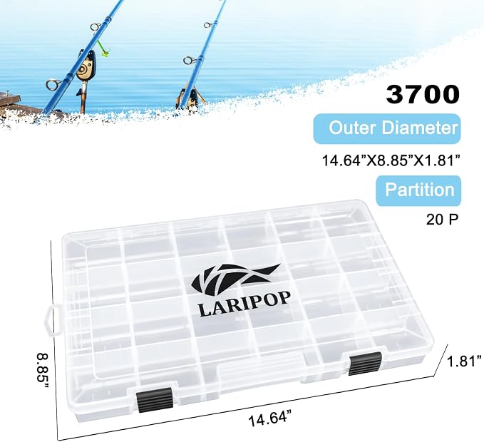 LARIPOP 4-Pack 3700 Fishing Tackle Boxes, Clear Plastic Storage Trays with Adjustable Dividers, Organizer for Lures, Hooks, Sinkers, Jigs & Fishing Accessories