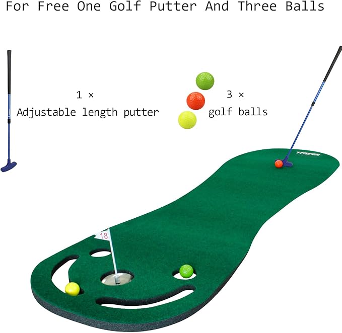 KOFULL Putting Green Mats Set - Indoor/Outdoor Golf Putting Practice or Golf Game with 78" x 24" Putting Mat, Adjustable Putter, 3 Balls, Training Aid Cup & Flags