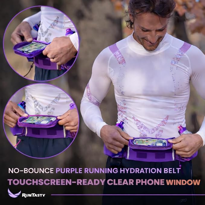 No.1 Hydration Belt by Runtasty - Premium Running Fuel Belt w/2 BPA-Free 10 oz Water Bottles, Tilt-Up Pocket w/Touchscreen-Ready Cover - Fits All iPhones, Runners Ebook & No-Bounce Design