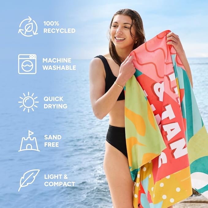 Dock & Bay Beach Towel - Quick Dry, Sand Free - Compact, Lightweight - 100% Recycled - Includes Bag - Good Times & Tan Lines - Large (160x90cm, 63x35)