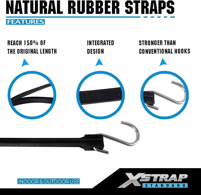 XSTRAP STANDARD 20 Pack 15'' Adjustable Rubber Tarp Straps, EPDM Bungee Cords with Hooks, Ideal for Securing Tarps, Canvases, Flatbed Trailers