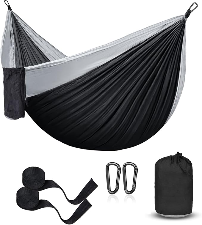 Hammock Camping, Portable Single/Double Hammocks for Outdoor Hiking Travel Backpacking - 210D Nylon Hammock Swing for Backyard & Garden (Black/Gray)
