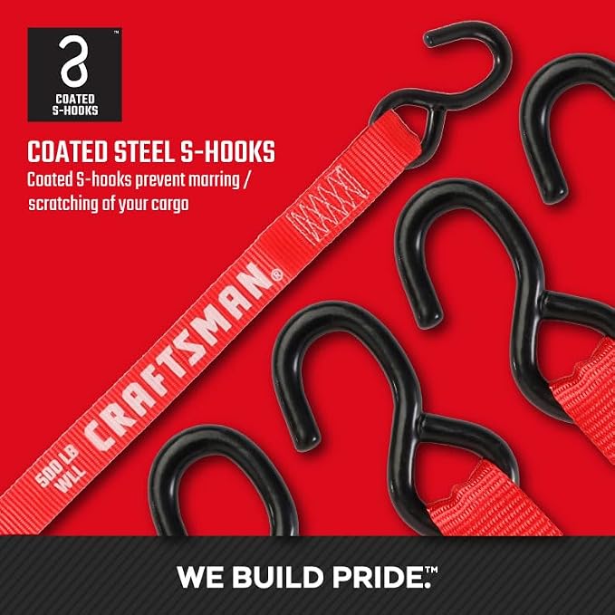 CRAFTSMAN CMXAZBS15004 Black/Red 1" x 12' Ratchet Tie Down Straps - Light/Mid-Weight Duty (1500 lb Break Strength), 4 Pack