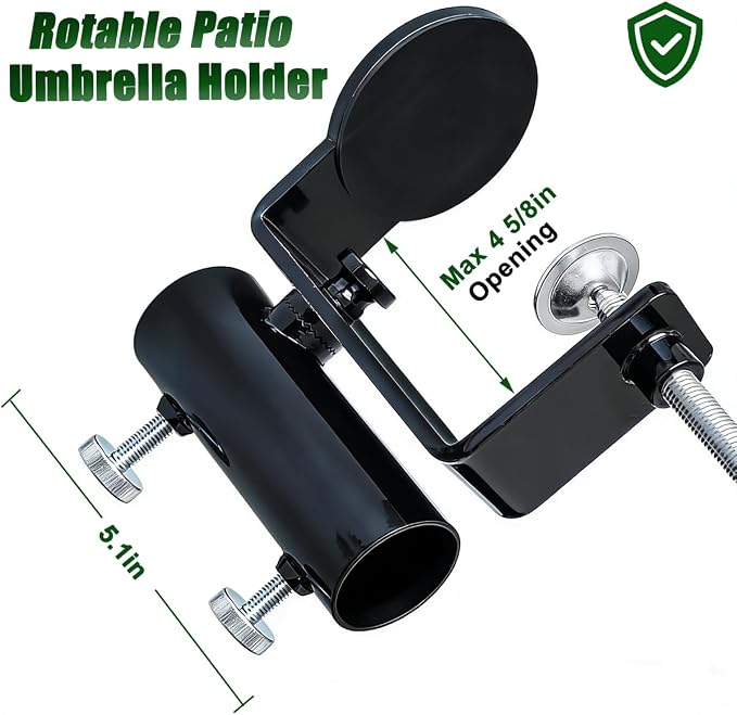 Heavy Duty Steel Umbrella Clamp - 360° Rotatable Balcony Umbrella Railing Umbrella Holder, Attaches to The Deck Railing, Chair, Benches, Tailgates, Boats and More, Black