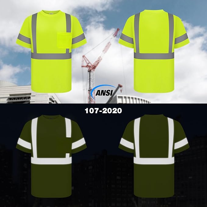 TCCFCCT Class 2 High Visibility Construction Shirt for Men Women, Hi Vis Reflective Safety Work Shirt with Strips, Short Sleeve, Durable & Breathable, DC-Yellow M