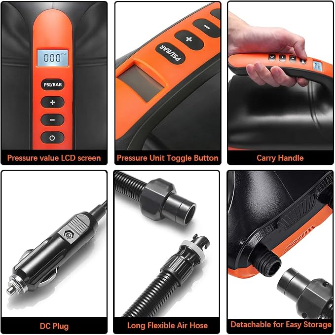 HT-782 20PSI High Pressure SUP Electric Air Pump,Dual Stage Inflation Paddle Board Pump for Inflatable Stand Up Paddle Boards, Boats,Kayak,12V DC Car Connector