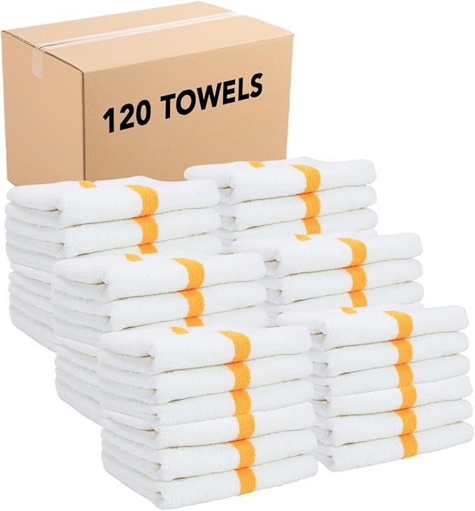 Arkwright White Hand Gym Towels - Case of 120 - Bulk 100% Cotton Soft Quick Dry Sweat Absorbent Hotel Quality Towels for Workout, Bathroom, Spa, Pool, 16 x 27 in, Gold