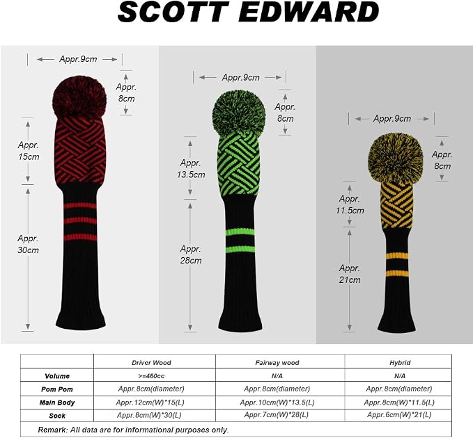 Scott Edward Knit Golf Club Cover for Woods and Driver Set of 5 Head Covers Protect Driver Wood(460cc)* 1 Fairway Wood*2 and Hybrid/UT*2 with Rotating Club Number Tags