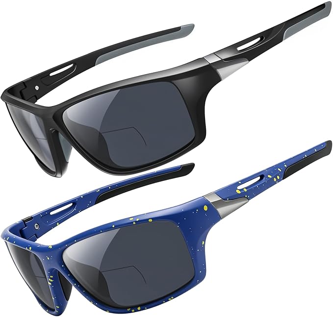 DEHOTRE 2 Pack Bifocal Reading Sunglasses Men Wrap Around Sports Sun Readers Outdoor Clear Top Soft Nose Pads PC Frame UV400