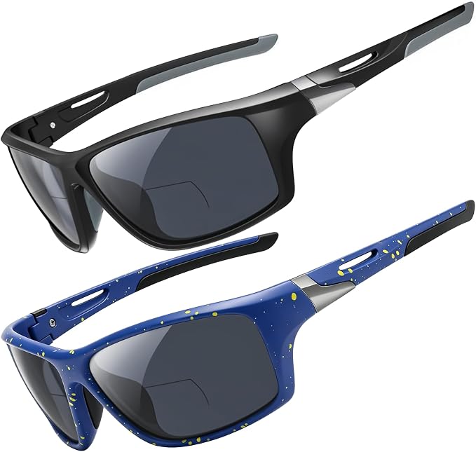 DEHOTRE 2 Pack Bifocal Reading Sunglasses Men Wrap Around Sports Sun Readers Outdoor Clear Top Soft Nose Pads PC Frame UV400