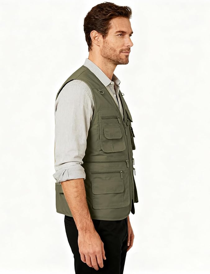 Flygo Men's Fishing Vest Utility Lightweight Outdoor Travel Safari Photo Cargo Vest with 16 Pockets