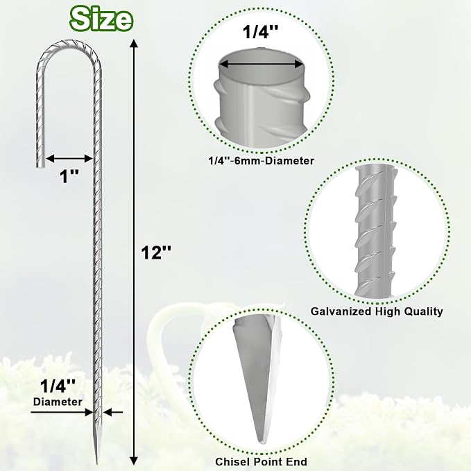 VVOKGO Rebar-Stakes-12-Inch J Hook Galvanized Tent Stakes Heavy Duty, 50-Pack Ground Chain Link Fence Anchors with Chisel Point End for Gazebo, Camping Tents, Outdoor Inflatables Decorations