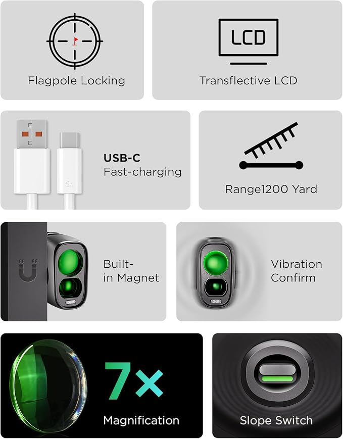 Golf Rangefinder with Slope, 1200Y Laser Range Finder for Golf, 7X Magnification, Flag Lock with Vibration, Magnetic Cart Mount, Ultra-Clear Display, USB-C Rechargeable, Waterproof